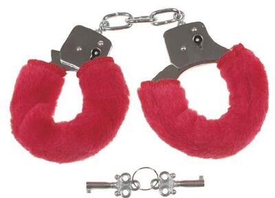 Håndjern med 2 nøgler, krom, pels i rødt 29353